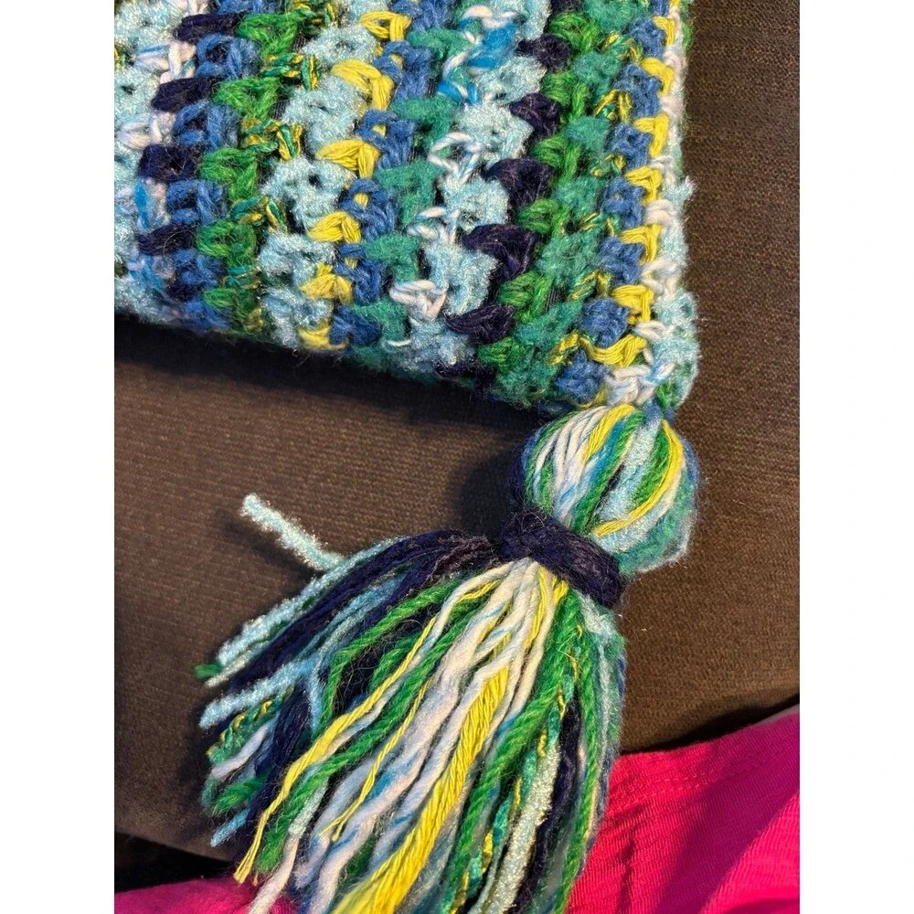 Handmade crochet throw pillow stripes tassels grannycore boho vintage blue green